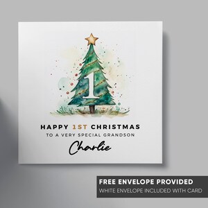 Feliz primera tarjeta de Navidad / Tarjeta personalizada / Tarjeta para hijo hija nieto sobrino sobrina / Tarjeta de Navidad para niños / Árbol de Navidad color agua