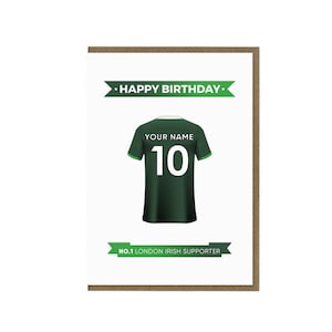 Personalisierte London Irish Geburtstagskarte | Französische Bulldoggen-Grußkarte | Rundhals-Shirt thema karte | Unterstützer Top Geschenk | London Irish Team Trikot