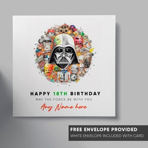 Cartão de aniversário personalizado Star Wars com qualquer nome e idade | Bebê Yoda | Darth Vader | Cartão engraçado de Star Wars Storm Trooper Princesa Leia R2-D2
