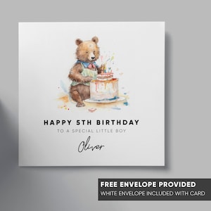 Carte d'anniversaire personnalisée | ours avec un gâteau | thème aquarelle pour enfants | fils, petit-fils, neveu, fille, nièce, fille, garçon | tout âge