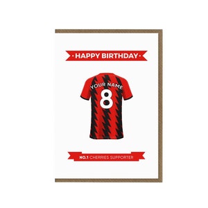 Carte d’anniversaire personnalisée Bournemouth Fc | Carte de vœux de fan de cerises | Bournemouth Chemise Les | Cadeau des supporters de Bournemouth | Fan de football