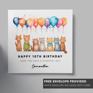 猫の誕生日カード | パーソナライズされたグリーティングカード | 猫好きへのギフト | 子猫の面白いカード | 子供向けの遊び心のあるカード、猫の風船がテーマ | あらゆる年齢層