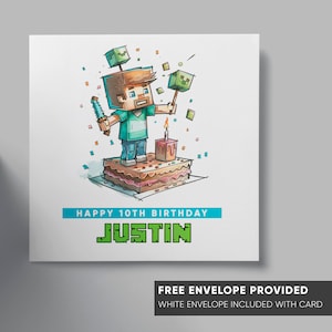 Tarjeta de cumpleaños personalizada / tarjeta de felicitación minecraft niño niña / jugador de juegos de todas las edades / hijo, nieto, sobrino, hija, sobrina / cualquier edad