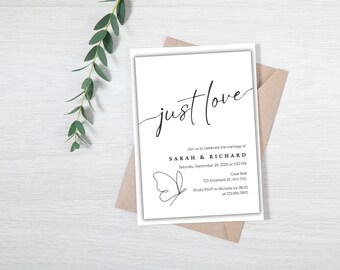 Könnte beinhalten: Eine weiße Hochzeitseinladung mit den Worten "just love" in eleganter Schrift. Die Einladung enthält Details für die Hochzeit von Sarah & Richard, mit einer Schmetterlingsillustration. Die Einladung befindet sich auf einem braunen Umschlag.