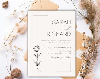Modern Minimalist Wedding Invitation Template Canva Editable Printable Black and White Elegant Wedding Invite for Instant Download