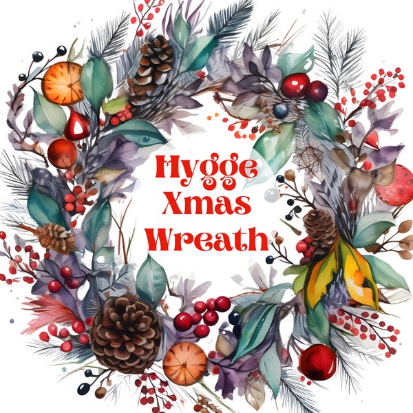 Hygge Print Floral Wreath Clipart • Xmas Wreath Christmas Floral Download, Christmas Garland for Front Door