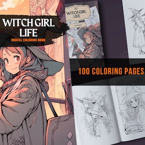 Anime Witch Girl Life Coloring Book 100 Page Manga Fantasy Greyscale Coloring Pages for Children & Adults, Instant Download, Printable PDF