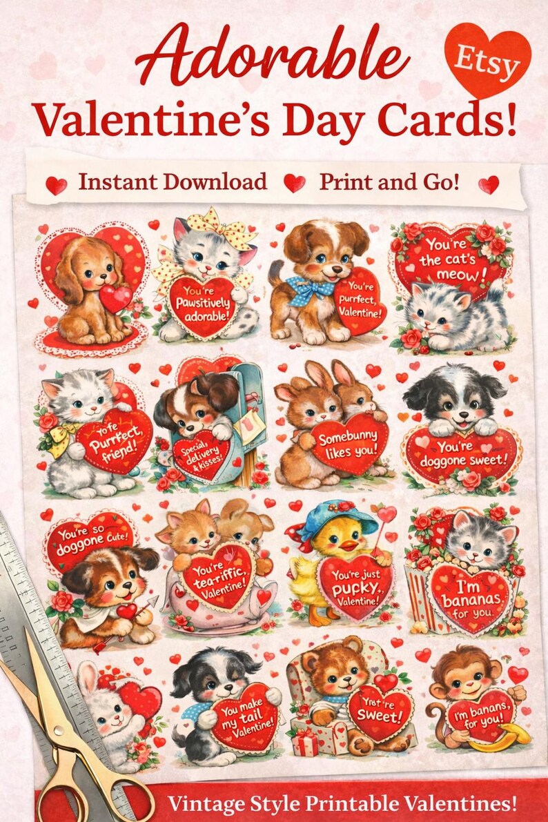 Animal Valentines | Vintage Children's Day Cards | Instant Download ...
