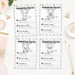 Può includere: Quattro fogli di esercizi di calligrafia bianchi con disegni al tratto neri di un coniglio, un orso, una volpe e un cane. Ogni pagina include il titolo HANDWRITING PRACTICE, spazi per nome e data, e tre frasi da ricalcare con lettere tratteggiate.