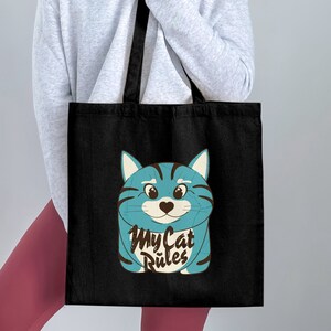 Cartoon Cat Tote Bag, "My Cat Rules" Funny Kitten Illustration, Blue Cat Eco-Friendly Reusable Canvas Bag, Cat Tote Bags, Ugly pet tote bags