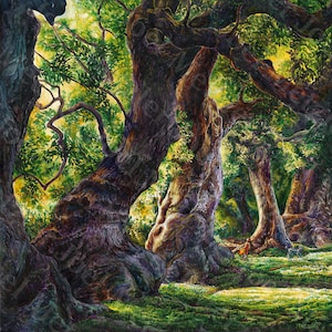 Una línea original de acrílico y óleo de pintura de árboles / Hermosas obras de arte de la naturaleza / Pintura de bosque místico con verdes vibrantes