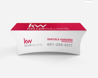 May include: A white and red branded table cover with the Keller Williams logo and contact information. The top of the cover is red, and the front displays the KW logo, Graciela Karadema's name, and a phone number.