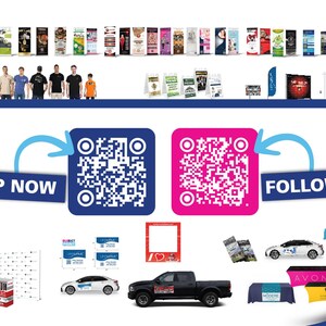 May include: A variety of promotional products including retractable banners, tablecloths, hats, shirts, and vehicle wraps. The image also includes two QR codes, one for shopping and one for following the company on social media. The text "SHOP NOW" and "FOLLOW US" is displayed on the image.