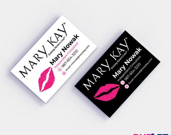 May include: Two business cards with a pink lipstick print. The text on the cards reads "MARY KAY" and "Enriching Women's Lives". The cards also include the name "Mary Nowak", the title "Independent Consultant", a phone number, and an email address.