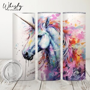 Papier d'emballage numérique licorne, papier d'emballage couleur arc-en-ciel, licorne colorée avec effet éclaboussures, papier d'emballage skinny 20 oz