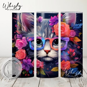 Digital Cat Tumbler Wrap, buntes Tumbler Wrap, Katze mit Brille, Pet Tumbler Wrap, Katzenliebhaber, 20 Unze Skinny Tumbler wrap, PNG