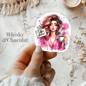 Girl Drinking Coffee Sticker, Coffee Please, Watercolor Sticker, Matte Vinyl Die Cut Sticker, Laptop Stickers, Planner Stickers