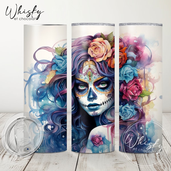 Female Sugar Skull Tumbler Wrap, Mexican Skull Tumbler Wrap, Day of the Dead PNG, Sugar Skull PNG, Halloween Tumbler, 20oz Skinny Tumbler