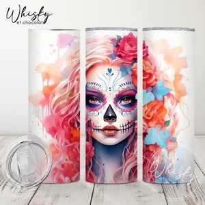 Digital Female Sugar Skull Tumbler Wrap, Mexican Skull Tumbler, Day of the Dead PNG, Sugar Skull PNG, Halloween Tumbler, 20oz Skinny Tumbler