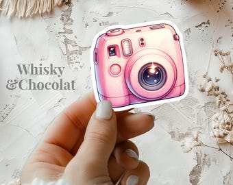 Pink Retro Camera Sticker, Watercolor Matte Vinyl