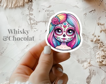 Cute Female Sugar Skull Sticker, Mexican Day of the Dead Inspired, Matte Vinyl Die Cut, Laptop Stickers, Planner Stickers, colorful skull