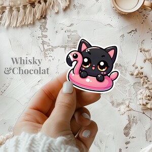 May include: A black cat with large eyes is floating on a pink flamingo pool float. The text "Whisky & Chocolat" is in the top left corner of the image.