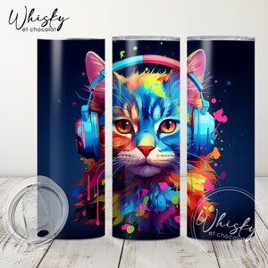 デジタル キャット タンブラー ラップ、カラフル タンブラー ラップ、ペット タンブラー ラップ、猫好き、ヘッドフォンをつけた猫、ネオン キャット、20 オンス スキニー タンブラー ラップ