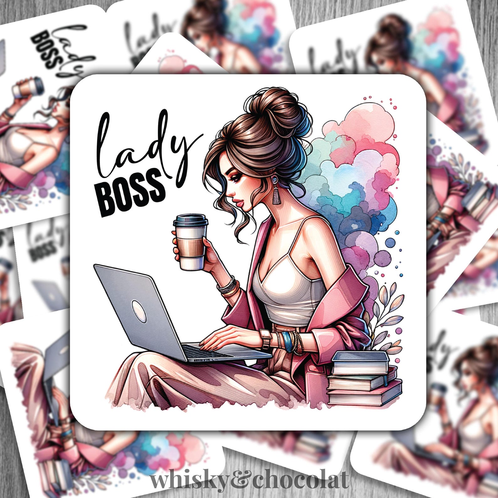 Woman On Computer Sticker Lady Boss Sticker, Beautiful Girl Working on Laptop Sticker, Watercolor ...