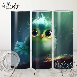 Oiseau tropical mignon numérique, emballage de verre oiseau drôle, emballage de verre oiseau bleu, bébé oiseau mignon, oiseau vert et bleu, verre maigre 20 oz