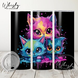 Digital Cat Tumbler Wrap, Colorful Tumbler Wrap, Pet Tumbler Wrap, Cat lover, Kawaii Anime, Neon Cat, 20oz Skinny Tumbler wrap