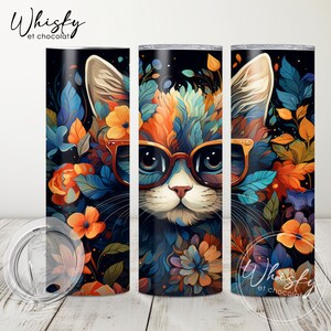 Digital Cat Tumbler Wrap, Bunter Becher Wrap, Katze mit Brille, Haustier Tumbler Wrap, Katzenliebhaber, 20 Unzen Skinny Tumbler, Straight & Tapered