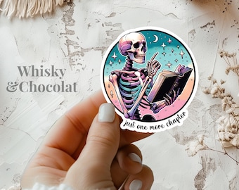 Skeleton Reading a Book Sticker, Just One More Chapter, Skeleton Sticker, Halloween Sticker, Bookish Sticker, Matte Vinyl Sticker, Die cuts