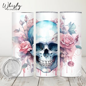 Digital Floral Skull Tumbler Wrap, Romantic Halloween, Fall Tumbler Wrap, Halloween Tumbler, Spooky Tumbler, 20oz Skinny Tumbler, PNG