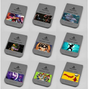 May include: Nine gray PlayStation memory cards with different colorful game art designs. Each card has the PlayStation logo, the words "MEMORY CARD", and the Sony logo. The game art includes characters and scenes from various video games.