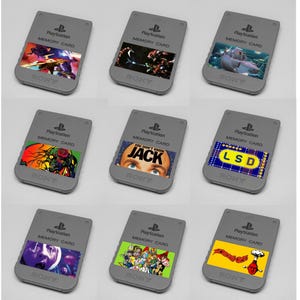 May include: A collection of nine gray Sony PlayStation memory cards, each featuring a unique rectangular sticker with various colorful video game graphics and text, including the title "YOU DON'T KNOW JACK" and "LSD" printed on the labels.