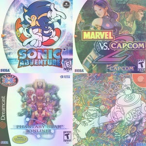 May include: A collage of four Sega Dreamcast game cases. The top left case features Sonic Adventure with a blue and white background. The top right case features Marvel vs. Capcom 2 with a green and purple background. The bottom left case features Phantasy Star Online with a blue and pink background. The bottom right case features Jet Set Radio with a colorful, graffiti-style background.