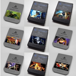 May include: Nine PlayStation memory cards with different game covers. The cards are gray and black with the PlayStation logo and the text "PlayStation Memory Card" and "8MB".
