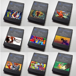 May include: Nine black PlayStation 2 memory cards, each with a different colorful graphic on the front. The cards are labeled "8MB Memory Card" and "Sony". The graphics include characters from various video games.