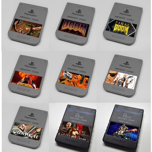 May include: A collection of nine rectangular Sony PlayStation memory cards. Seven are grey with various game labels including Doom, Final Doom, Duke Nukem, and Quake II. Two are black PlayStation 2 memory cards with 8MB capacity labels.