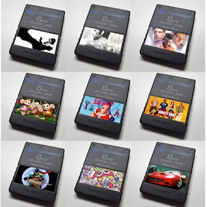 May include: Nine black PlayStation 2 memory cards, each with a different design. The cards are 8MB and feature images of video game characters and logos. The cards are arranged in three rows of three.