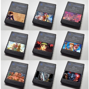 May include: Nine black PlayStation 2 memory cards, each with a different colorful game graphic. The cards are labeled "8MB Memory Card" and "Sony". The game graphics feature various characters and scenes.