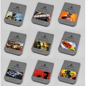 May include: Nine gray PlayStation memory cards with game art. Each card has the PlayStation logo, the words "MEMORY CARD", and the Sony logo. The game art includes images of characters, vehicles, and action scenes.