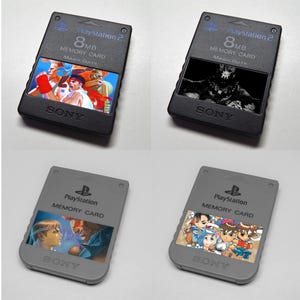 May include: Four PlayStation 2 memory cards. Two are black with colorful images, and two are gray with images. Each card has "PlayStation 2", "8MB Memory Card", and "SONY" printed on them.