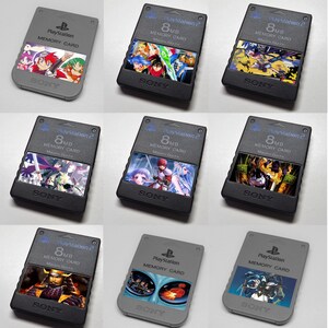 May include: A collection of nine rectangular Sony PlayStation memory cards, including gray and black models. Each card features the PlayStation logo, 8MB capacity text, and MagicGate branding, with various colorful anime-style character illustrations.