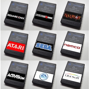 Pegatinas personalizadas para tarjetas de memoria de PlayStation 2 (PS2) con logotipos de diversas compañías de videojuegos: ¡elige la que más te guste!