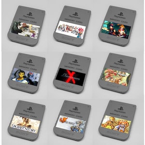 May include: Nine gray PlayStation memory cards with different game covers. The covers feature various video game characters and logos, including Final Fantasy, Vagrant Story, and Xenogears.