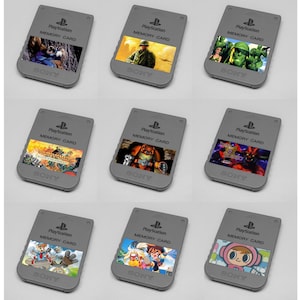 May include: A collection of nine gray Sony PlayStation memory cards arranged in a three-by-three grid. Each rectangular card features the PlayStation logo, the text "PlayStation MEMORY CARD," and a unique colorful graphic sticker on the front.