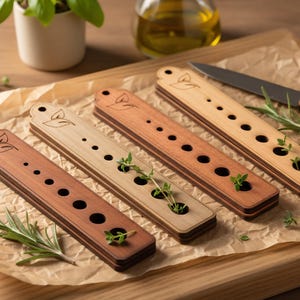 May include: Four wooden herb planters in varying shades of brown and tan, each with circular holes and a leaf design. Fresh herbs are planted in some of the holes. A knife and sprigs of rosemary are also present.