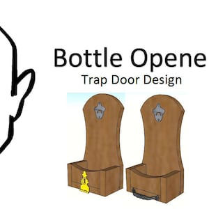 Puede incluir: Dos abridores de botellas de madera con diseño de trampilla. Cada abridor tiene un abridor de botellas plateado en la parte superior y una pequeña caja en la parte inferior. El texto "Bottle Opener Trap Door Design" está encima de los abridores.
