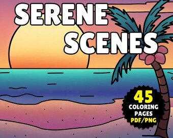 Könnte beinhalten: Eine farbenfrohe Illustration eines Sonnenuntergangs über dem Meer mit einer Palme im Vordergrund. Der Text "SERENE SCENES" befindet sich oben im Bild. Ein gelber Kreis mit dem Text "45 COLORING PAGES PDF/PNG" befindet sich unten rechts. Der Text "A BOLD AND EASY COLORING BOOK FOR ADULTS AND TEENS" befindet sich unten im Bild.